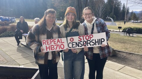 A small group of protesters gathered outside Gov. Brad Little's press tour stop at the Coeur d'Alene public library.