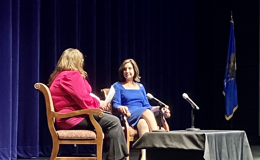 Ginne Graham (left) and Joy Hofmeister speak at a University of Tulsa forum