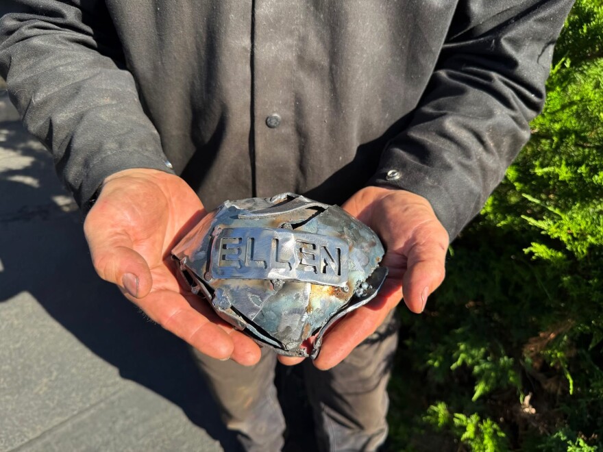 Chief Harmelt's wife was named Ellen, and my wife Renee Mahni sculpted this heart to go inside his chest, and we inscribed it with her name. It's not visible in the final sculpture, but her spirit is forever with his. The heart is not visible in the final sculpture, but here it is welded into his chest before I closed it up.