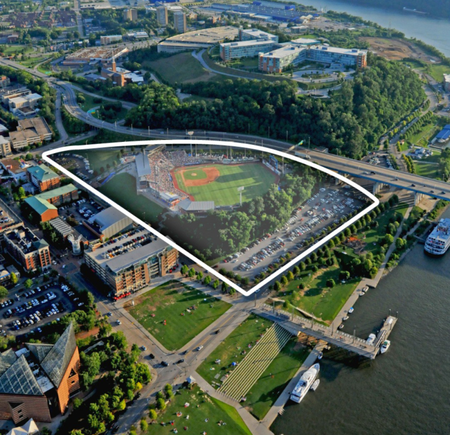 An aerial view of downtown Chattanooga - highlighting AT&T Field and the rest of Hawk Hill. 