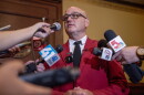 Missouri Secretary of State Denny Hoskins speaks to reporters following Missouri Supreme Court arguments Wednesday, Sept. 2, 2026.