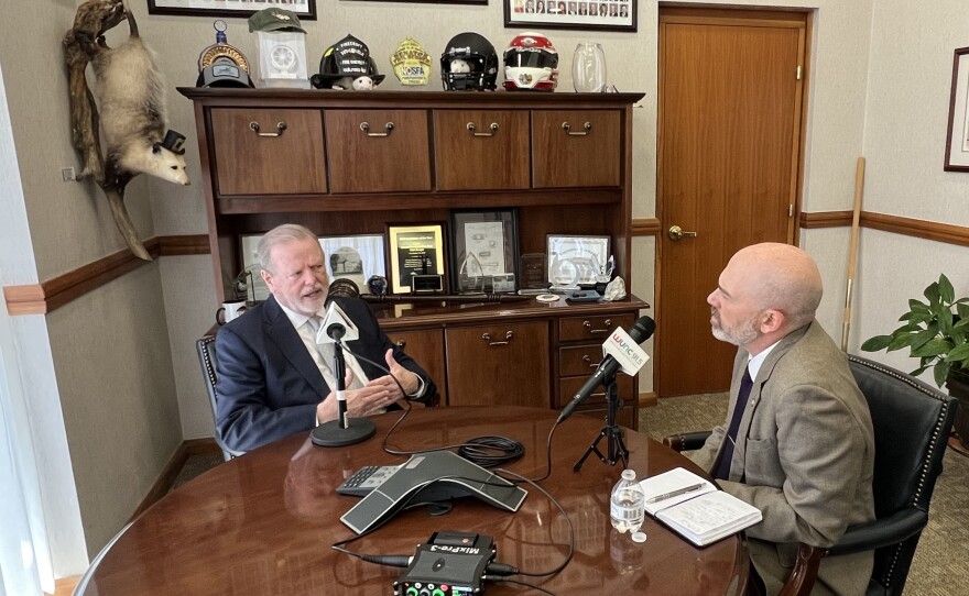 Due South co-host Jeff Tiberii talks with NC Senate leader Phil Berger in his office at the state legislature.