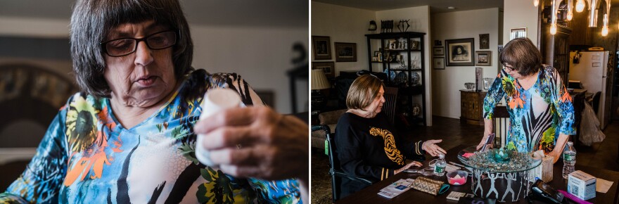 Louise sorts through Eileen's medications. "She's been wonderful to me," Eileen says of Louise. "Like a daughter would help her mother."