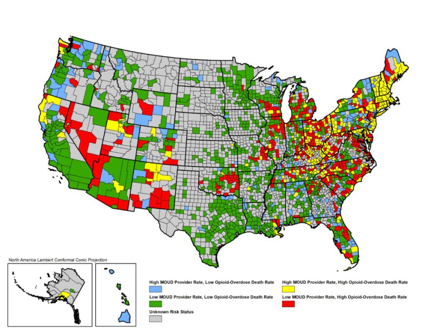 Map shows counties considered "high-risk" in the opioid epidemic. The state of Michigan having 24 high-risk counties. 