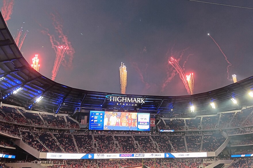 Fireworks were set off at Highmark Stadium near the conclusion of the 'Return of the Blue and Red' practice Saturday, August 8, 2026 at Highmark Stadium. A larger display followed outside the stadium, marking the first public event in the new Buffalo Bills home.