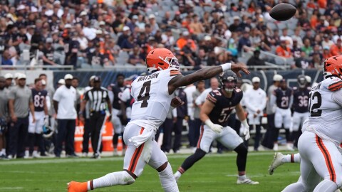 Cleveland Browns quarterback Deshaun Watson (4) passes during the first half of a preseason NFL football game, Saturday, Aug. 15, 2026, in Chicago.  
