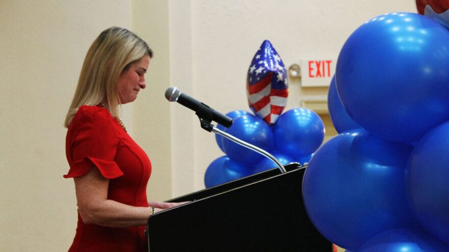Republican Regan Deering concedes the 13th Congressional District race in front of supporters and family members in Decatur.