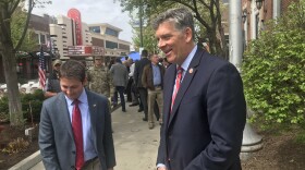 U.S. Rep. Darin LaHood, right, stands outside the post office in Normal following a renaming ceremony.