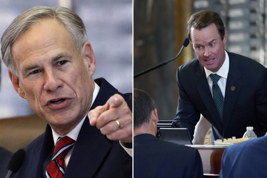 Photo compilation that featured Texas Gov. Greg Abbott on one side, pointing an an unknown object, and Texas House Speaker Dade Phelan on the other side, standing at a podium while talking to someone.