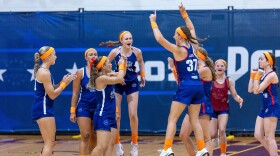 Participants celebrate during day one of the Patriot Games, Sunday, Aug. 9, 2026, in Geneva, Ohio. 
