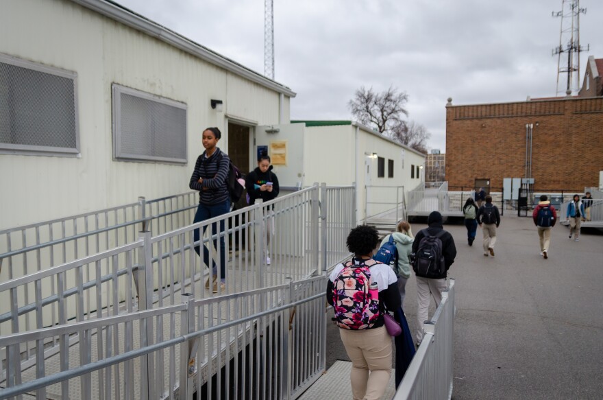 Students at St. Louis Public Schools' Collegiate School of Medicine and Bioscience use temporary mobile classrooms at laboratory space outside of the historic Wyman school building that houses the program. Photo taken Feb. 5, 2020.