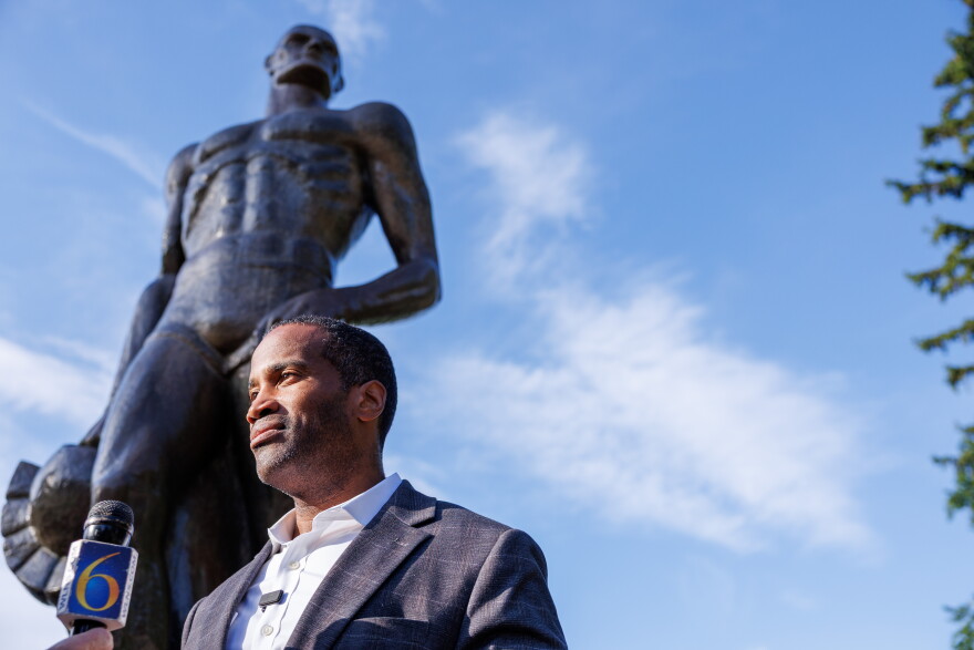 U.S. Rep. John James, the Republican nominee for Michigan governor, at a Charlie Kirk memorial press conference at Michigan State University in East Lansing, Mich., on Sept. 10, 2026.