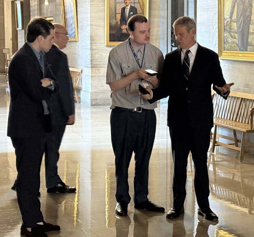 Student Brandon Denley, interviewing Tennessee Governor Bill Lee outside his office at the Tennessee State Capitol.