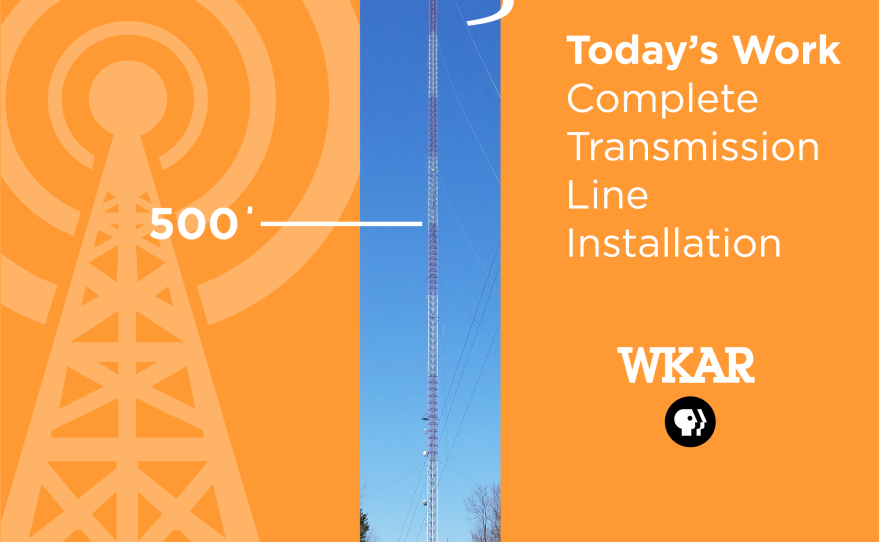 Tower image with text: 5/7/18 Today's Work Complete Transmission Line Installation