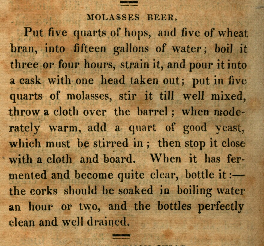 A picture of the 'Molasses Beer' recipe from Mary Randolph's 1828 cookbook, 'The Virginia Housewife.' 