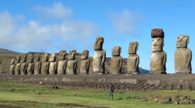 15 moai standing watch at Tongariki on Easter Island.  The largest moai on the 720-foot-long platform weighs 97 tons. The site was restored between 1992 and 1996 at a cost of over $2 million, paid for by the Japanese government(Karen Schwartz/AP)