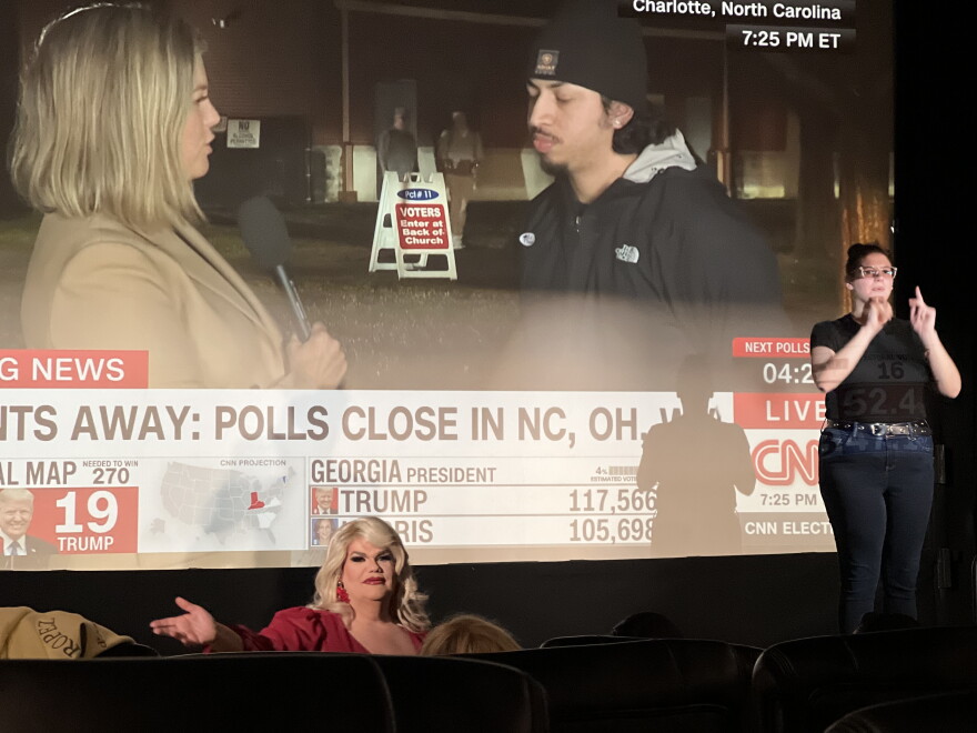 Drag performer Darienne Lake opens the "Divas of Democracy: An Election Night Watch Party" at ROC Cinema on South Clinton Avenue.