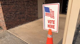 A voting sign at Woodland Hills Baptist Church in Newcastle, Okla.