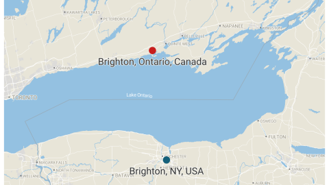 A map showing Brighton, NY, and Brighton, Ontario, in relation to each other.