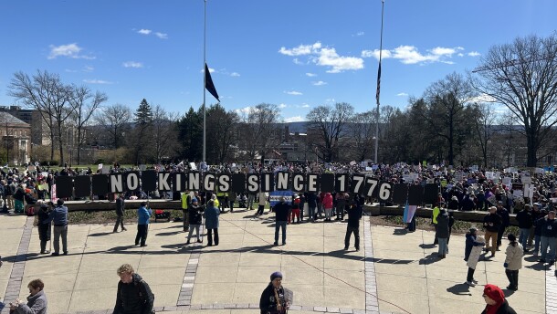 "No Kings" protest on Penn State's Old Main Lawn on Saturday, March 28, 2026.