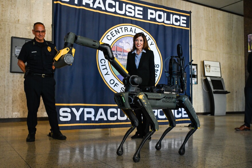 Gov. Kathy Hochul watches a demonstration of a SPOT robotic police dog in Syracuse Monday September 15, 2025