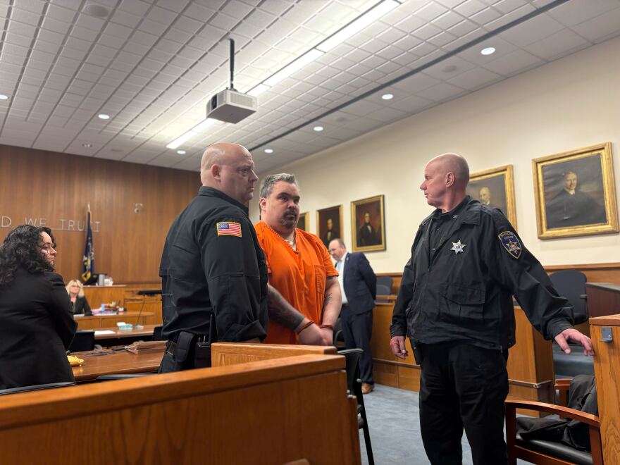 Robert Buskey is led out of Schenectady County Court on Friday, April 3, 2026, after being sentenced to 27 years to life in prison for the 2024 murder of his 5-year-old daughter.