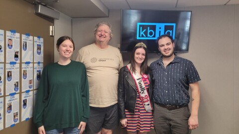 Members of Landlocked Opera's production of Amahl and the Night Visitors with Opera Shop host Darren Hellwege