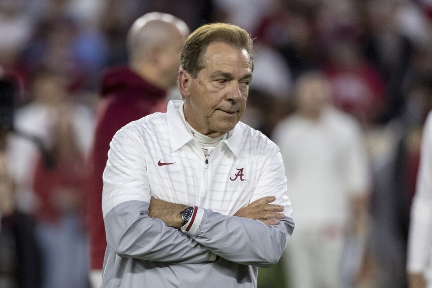 Alabama head coach Nick Saban walks the field in warmups before an NCAA college football game, Saturday, Nov. 4, 2023, in Tuscaloosa, Ala. (AP Photo/Vasha Hunt)