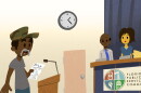 Illustration of African American man holding a bill speaking to a group of people who are on the Florida Public Service Commission 