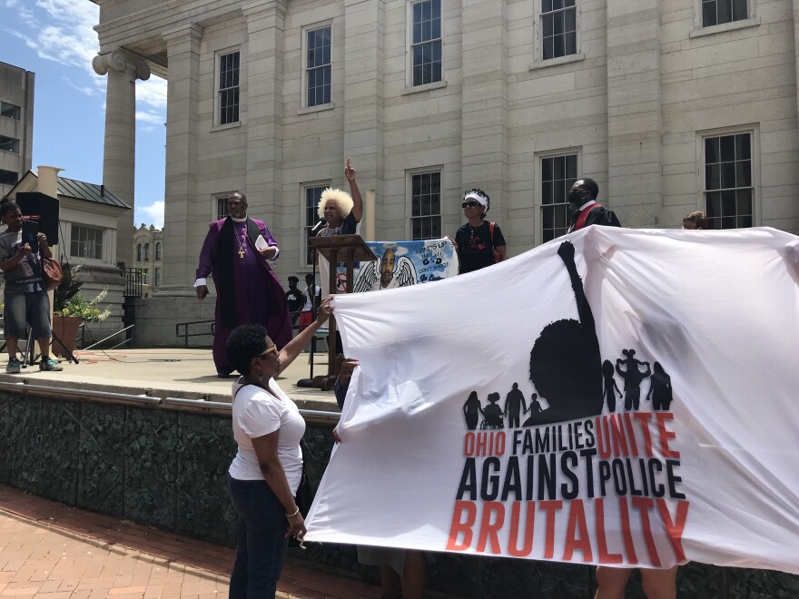 Marcy Bailey speaks to the crowd at Courthouse Square about her son Kareem Ali Nadir Jones, who was shot and killed by Columbus police officers in 2017.