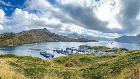 Vessels in the commercial crab fishing fleet out of Dutch Harbor, Alaska, prepare for the 2020 king crab season in mid-October.
