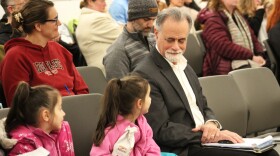 Kenai Peninsula Borough Mayor Peter Micciche talks to students during a school baord meeting on Monday, Mar. 2, 2026 in Soldotna, Alaska.