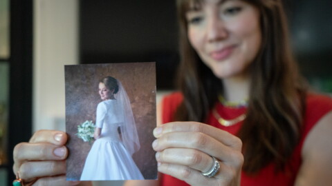 In her Salt Lake County home, Sept. 9, 2026, Latter-day Saint mom Monica Packer holds a bridal photo of herself from when she was 21 years old.