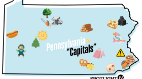 An illustration showing some of Pennsylvania's “world capitals.” (Asha Prihar / Spotlight PA)