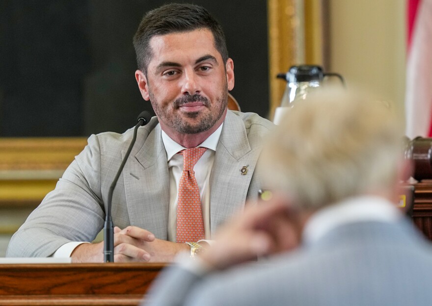 Brandon Cammack testifies during the 6th day of the impeachment trial of Texas Attorney General Ken Paxton in the Senate chamber at the Texas State Capitol in Austin on Tuesday, September 12, 2023. 