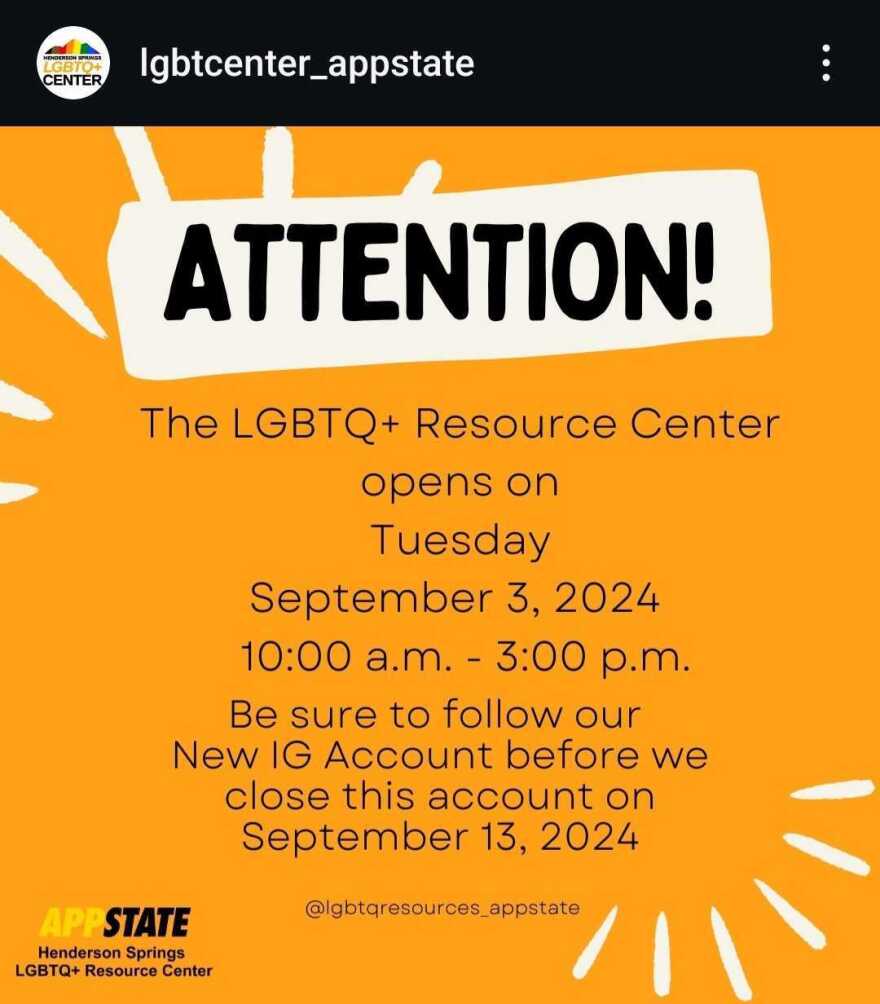 Instagram post announcing changes to Appalachian State University's LGBTQ+ Center. The university no longer has a DEI office, after administrators closed it to comply with a new UNC BOG policy.
