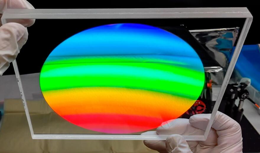 Before the light lands on DESI's detectors, it is spread using a volume phase holographic (VPH) grating. The detector arrays have 4096×4096 15μm pixels and are each housed in their own cryostat so that can be kept very cold to maintain stability.