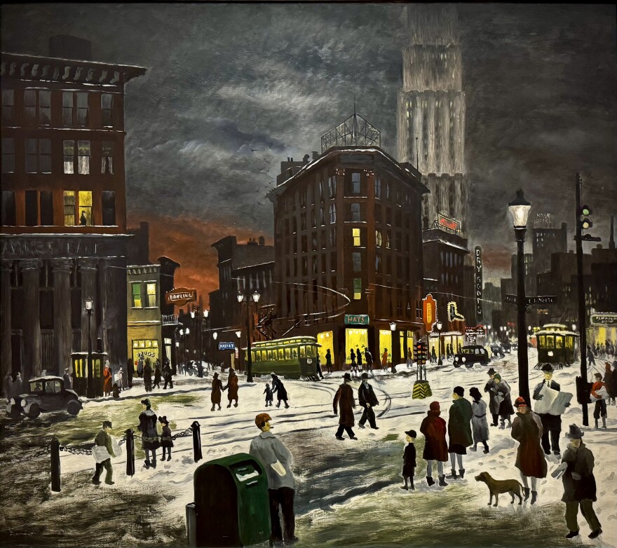 Raphael Gleitsman’s “Winter Evening,’’ 1932, a classic nocturnal view of the Rubber City during the Depression, is on view at the Akron Art Museum as part of its observance of the city’s bicentennial.