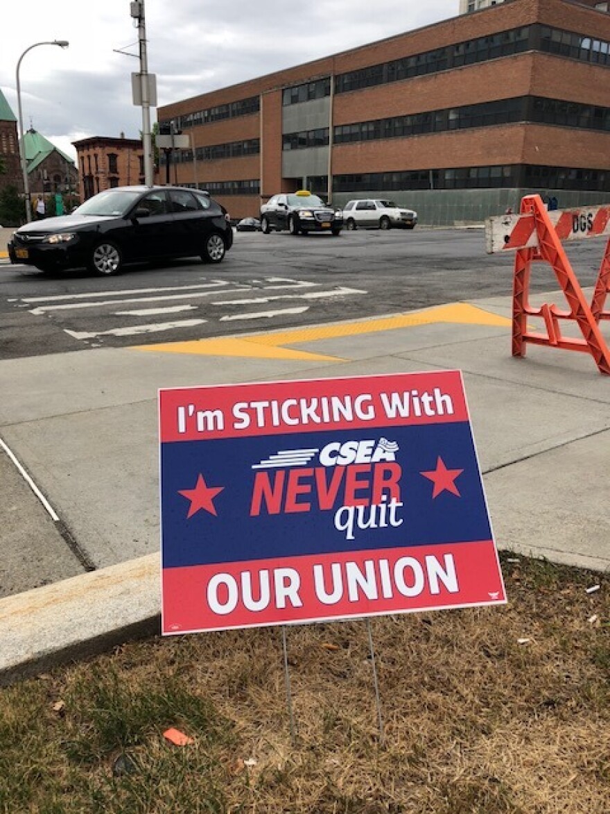 A sign outside the state Capitol on the day after the Janus Supreme Court decision was issued.  