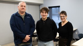 Brian Gall, Electrical Instructor, West Michigan Construction Institute and Bryer Armstrong, 12th grade, Kent City High School, and host Joy Walczak