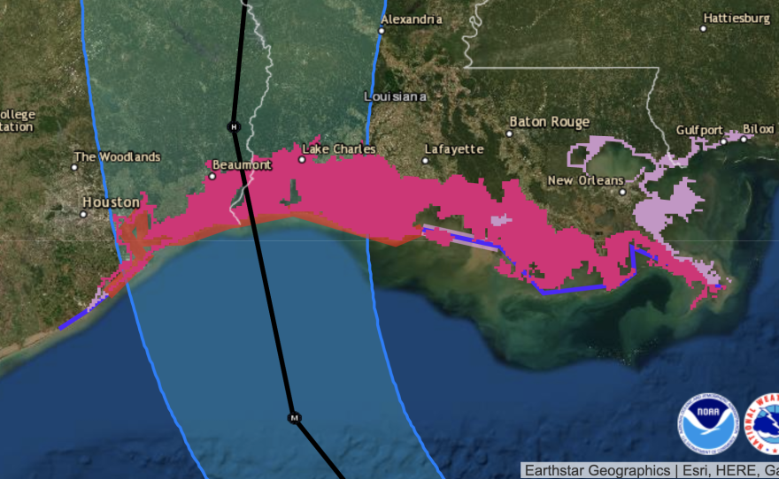 Hurricane Laura will bring a potentially perilous storm surge when it makes landfall — likely near the Texas-Louisiana border, forecasters say. In this graphic, the magenta and pink areas reflect storm surge alerts.