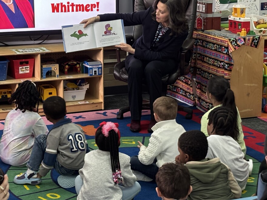 Gov. Gretchen Whitmer (D-MI) reads a book to a class of four and five year olds
