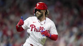Philadelphia Phillies' Bryce Harper celebrates after a home run against the Arizona Diamondbacks during the =1- inning in Game 1 of the baseball NL Championship Series in Philadelphia, Monday, Oct. 16, 2023. (AP Photo/Matt Slocum)