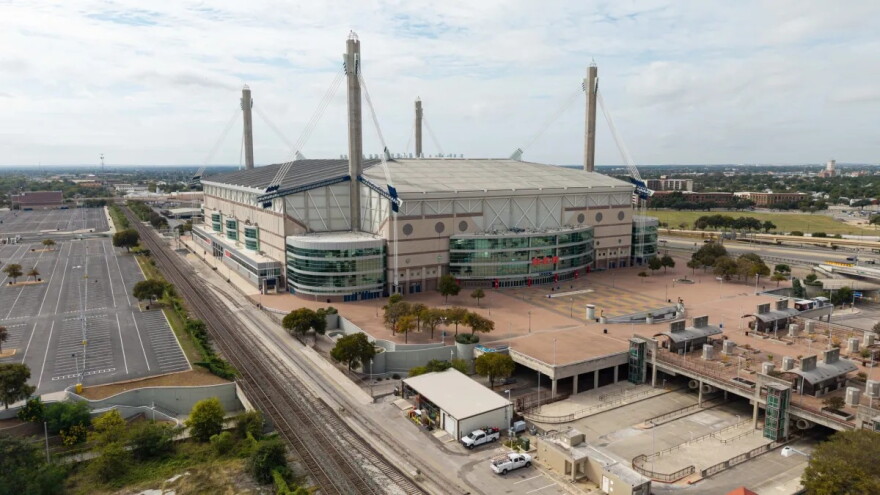 The Alamodome and parking for the stadium seen in an aerial photograph on Oct. 26, 2026.