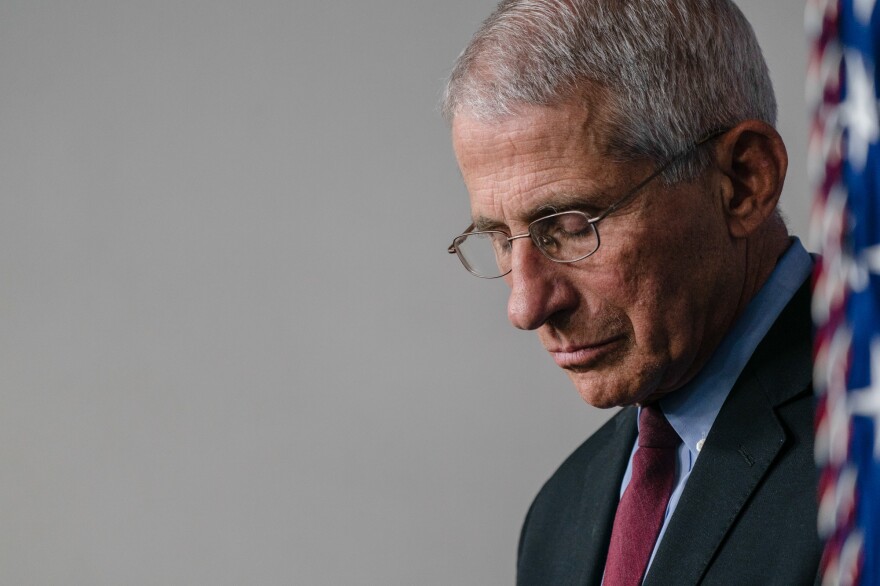 Dr. Anthony Fauci, Director of the National Institute of Allergy and Infectious Diseases listens as U.S. President Donald Trump answers questions in the press briefing room with members of the White House Coronavirus Task Force. [Sarah Silbiger / Getty Images]