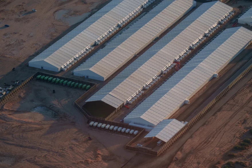Large tents at the East Montana Detention Facility, an ICE detention center at Fort Bliss in El Paso.