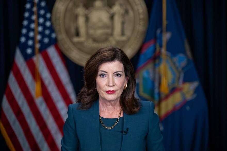 Gov. Kathy Hochul addresses the growing number of antisemitic incidents in New York in a speech on Oct. 31, 2023.