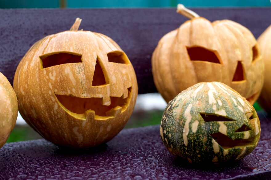 Halloween pumpkins on the bench during rain 