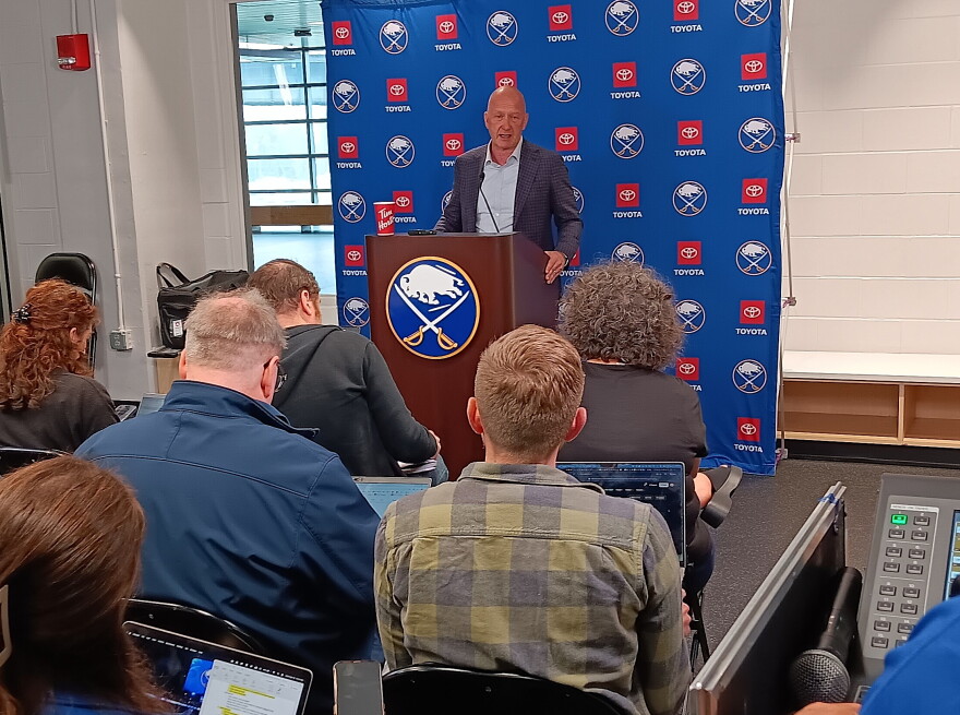 Sabres general manager Jarmo Kekäläinen takes questions from local media on the day before the hockey team's first pre-season practice, Wednesday, September 16, 2026.