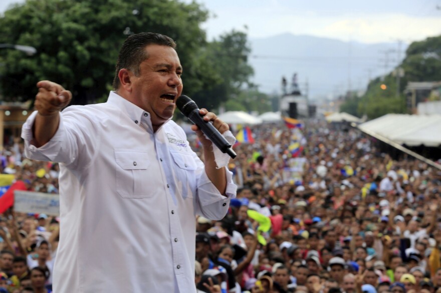 Venezuelan presidential candidate Javier Bertucci delivers a speech during a rally in Valencia, Venezuela, on Wednesday.